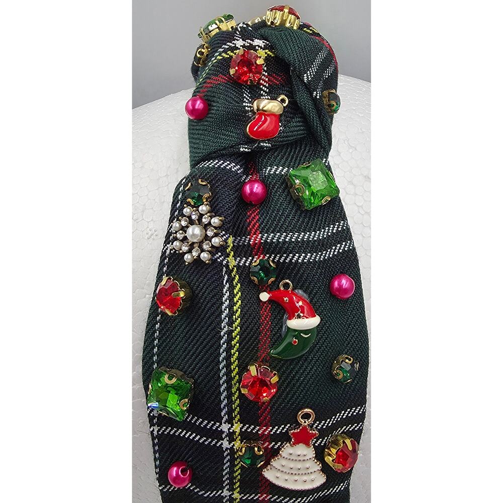 Womens Wide Hair Headbands Christmas Plaid Jeweled Dazzled Holiday Festive - Picture 5 of 8